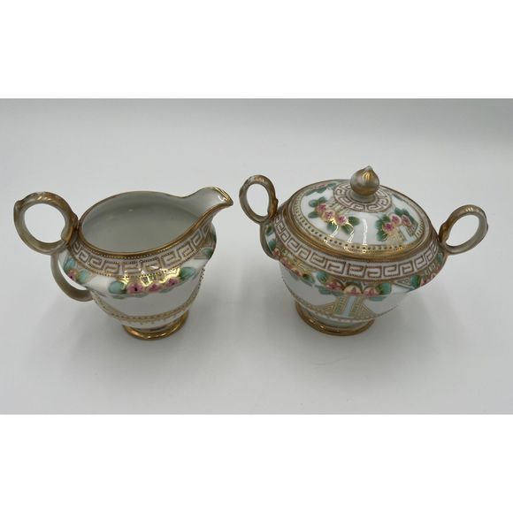 Vintage Nippon‎ Moriage Creamer and Covered Sugar Maple Leaf Gold Beaded - Picture 2 of 9